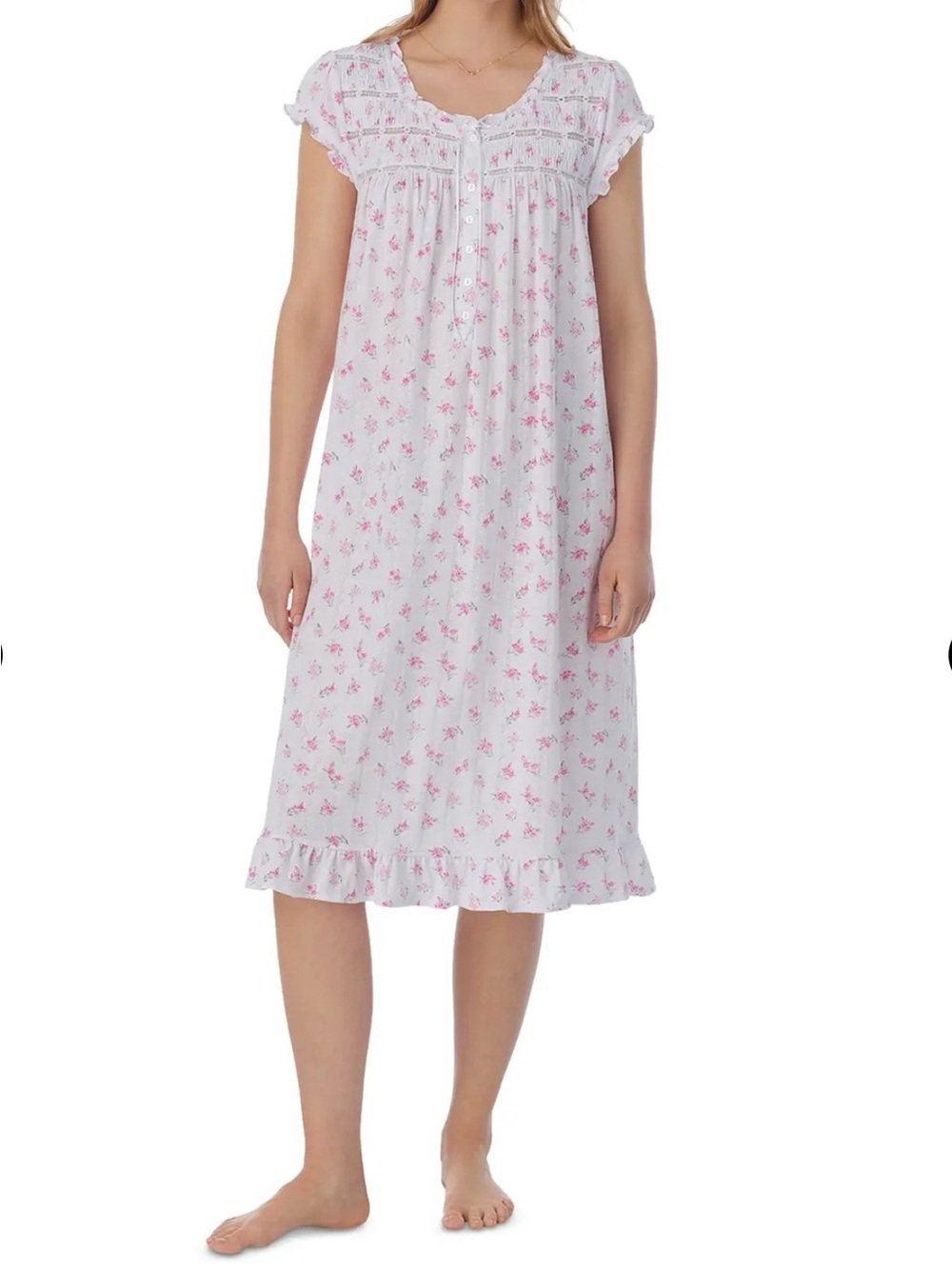 Eileen West White Floral Traditional Night Gown Ribbed knit Ruffled Hem